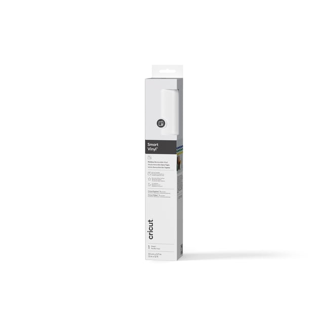 Cricut® Smart Vinyl™ Matless Removable Vinyl (12 ft), White in tall rectangular packaging with white and black design, showing product details, removable adhesive, and compatibility with Cricut Explore 3 and Maker 3 machines, sized 13 in by 12 ft, suitable for creating custom decals and vinyl crafts.