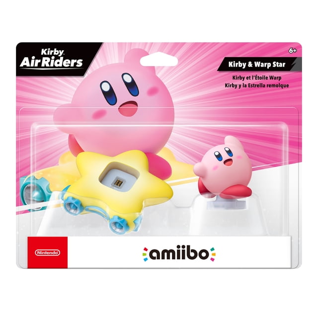 amiibo™ - Kirby & Warp Star - Kirby™ Air Riders Series featuring a multicolour amiibo figure of Kirby, a round pink character with blue eyes and red feet, seated on a yellow star-shaped Warp Star with blue wheels, in clear plastic packaging with a pink burst background and Nintendo branding, suitable for use with compatible Nintendo Switch games.