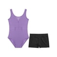 thumbnail image 3 of Moggemol Kids Girls Sheer Mesh Patchwork V-Back Dance Unitards Solid Color Sleeveless Bodysuit with Botty Shorts Set Purple 10, 3 of 7