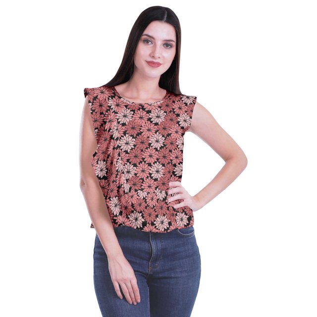 Moomaya Hauts Sans Manches en Jersey de Coton à Volants Femmes Blouse d'Été Imprimée Femmes