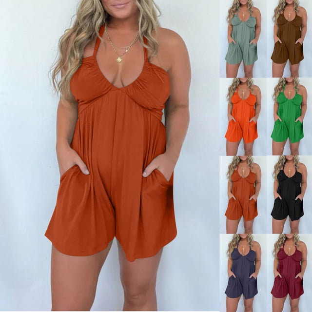 Gspmoly Shorts de Course pour Femmes, Combinaison d'Été Décontractée et Tendance Sans Manches à Bretelles, Taille Élastique, Double Poche, Shorts de Randonnée pour Femmes, Offres de Vacances, Vert Armée G
