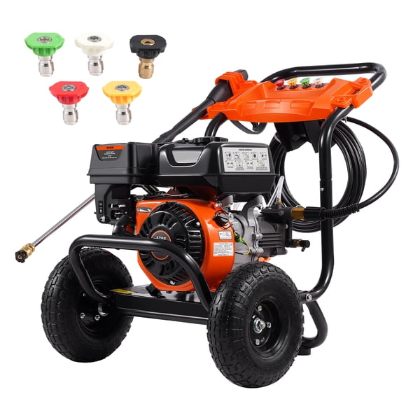 KFFKFF Gas Pressure Washer, 3500 PSI 2.6 GPM, Gas Powered Pressure Washer with Aluminum Pump, Spray Gun and Extension Wand, 5 Nozzle Set, for Cars, Fences, Homes, Driveways, Patios