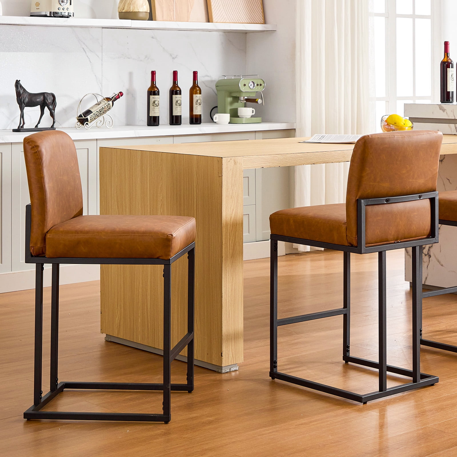 24" Bar Stools Set of 1, Counter Height Bar Stools with Back, Modern Industrial Style PU Leather Barstools for Kitchen Island