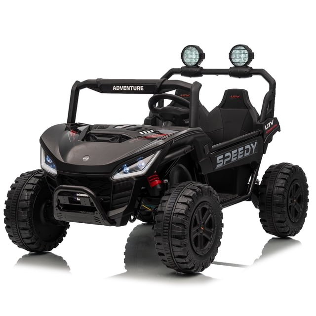 VOLTZ TOYS Premium 24V Kids UTV Ride-On with dual seats, quad motors for 4WD, and rugged off-road styling. This black powered ride-on features durable plastic tires with rubber strips, LED headlights, and a built-in music player. Designed for outdoor play, it accommodates two children aged 3–8 and includes parental remote control for safety.