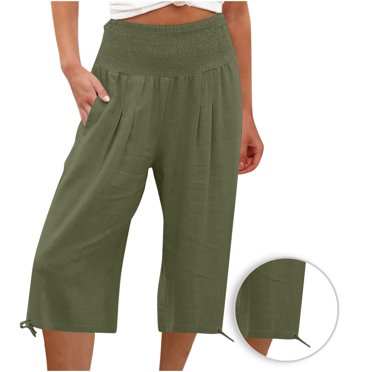 Yuyuzo Linen Capri Pants Women Summer 2023 Elastic Waist Solid Color Loose Fit Capris Fashion Casual Cropped Pant Trousers