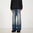 thumbnail image 2 of Men's Jeans Men's High Street Pattern Washed Straight Leg Micro Flared Jeans Versatile Retro Pants Jeans Homme Slim Light Blue M, 2 of 4