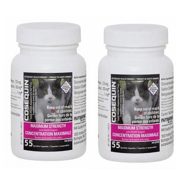 Cosequin Feline Joint Health Supplement for Cats - 2-Pack, featuring two white bottles with pink and black labels. Each bottle contains 55 sprinkle capsules designed to support feline joint health, mobility, and comfort. The label includes a cat image and bilingual text in English and French, emphasizing maximum strength joint care.