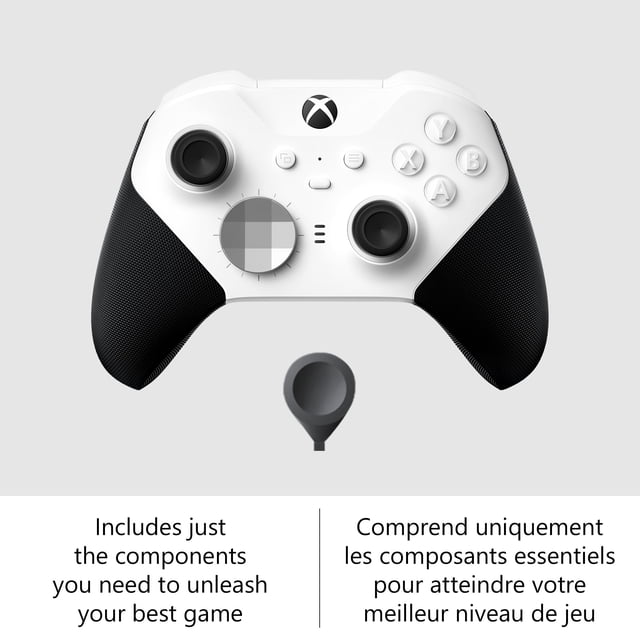 Xbox Elite Wireless Controller Series 2 – Core in white, front-facing view showing adjustable-tension thumbsticks, wrap-around black rubberized grips, shorter hair trigger locks, and a circular textured directional pad, displayed with a small black accessory below on a light grey background, ideal for Xbox Series X, S, and PC gaming.