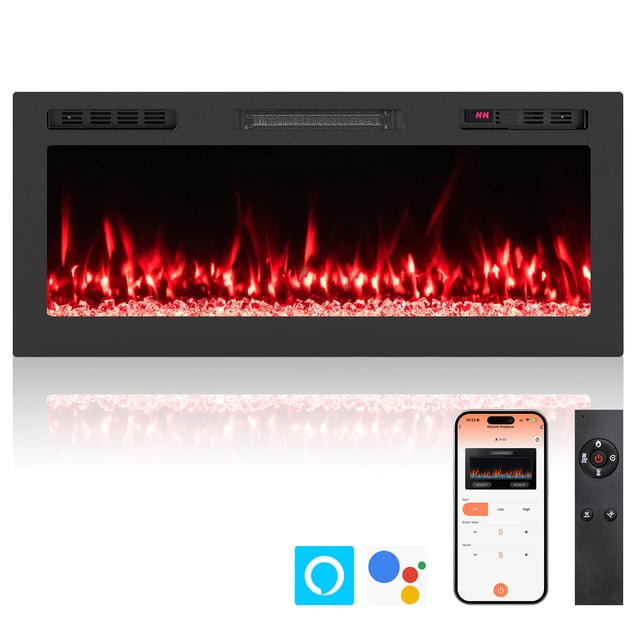 Costway Foyer Électrique Intelligent Wi-Fi de 42 Pouces avec devant en Verre Trempé Noir, Mettant en Valeur des Flammes Rouges Vives et un Lit en Bois. Offre 12 Couleurs de Flammes et de Lit en Bois, des Réglages de Luminosité et de Vitesse Réglables, et des options de Chaleur de 750 W/1500 W avec une Puissance de 5100 BTU, Chauffage jusqu'à 400 Pi2. Compatible avec Alexa et l'Assistant Google pour le Contrôle Vocal, et Comprend une Télécommande et une Application pour la Personnalisation. Conçu pour une installation