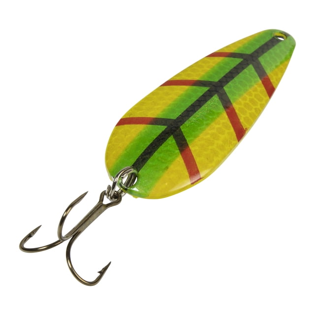 Lucky Strike Devil Bait Spoon - 2.5", 2/5oz, Perch - 1 pack featuring a close-up angled view of a nickel-plated steel fishing spoon lure with a yellow, green, and red perch pattern and a sharp treble hook, designed to attract salmon, pike, and other game fish in freshwater environments.