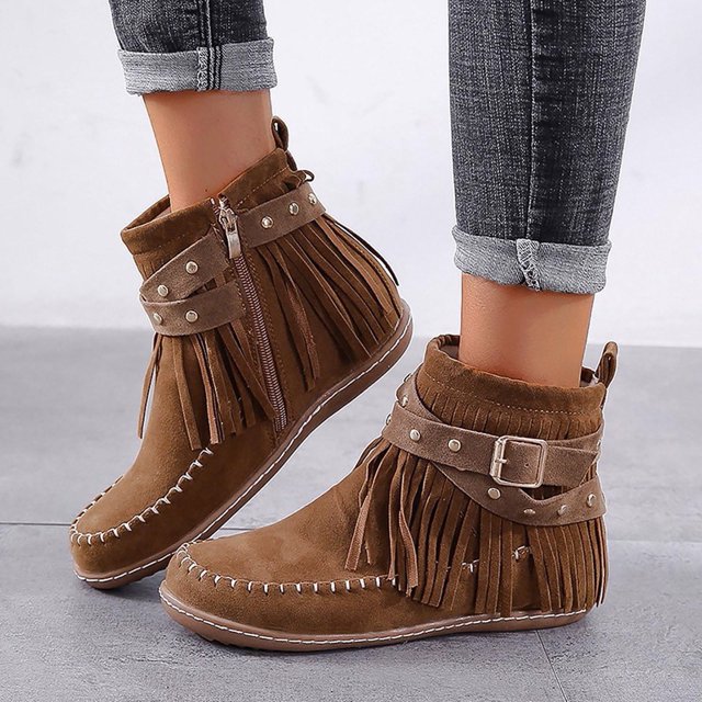 LSLJS Bottes à Franges pour Femmes à Bout Rond avec Fermeture Éclair Latérale, Couleur Unie, Talon Plat, Tige Basse, Bottines à Franges pour Femmes, Bottes pour Femmes