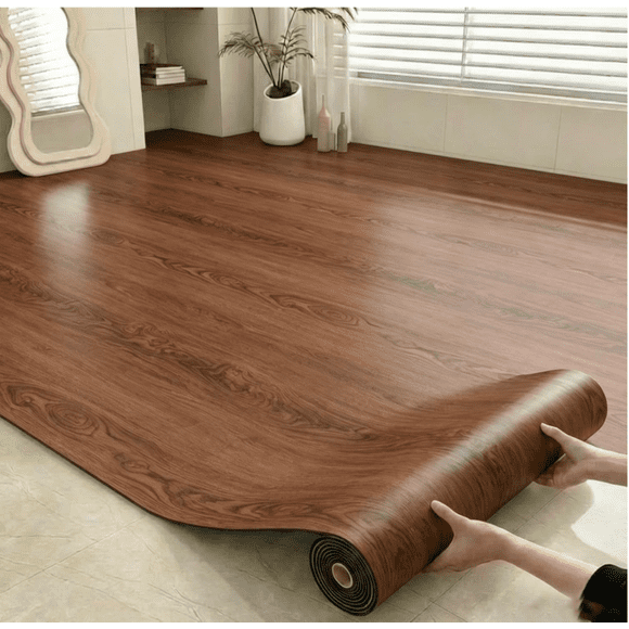 Wood Grain Peel and Stick Floor Tiles,Self-Adhesive Vinyl Flooring Roll,Hard Surface/Waterproof/Anti Slip,DIY Easy for Wall Floor,Bedroom,Kitchen (Walnut Dark Brown, 15.7 Wide x 394 Long inch)