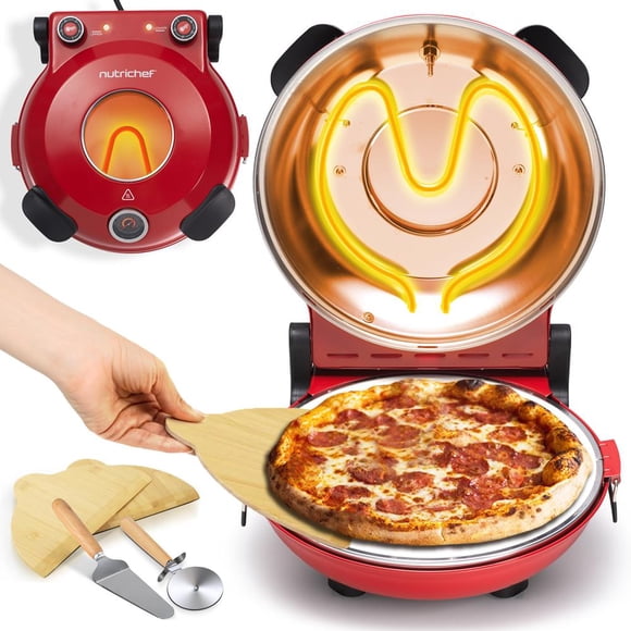 NutriChef Four à Pizza Électrique / Machine à Pizza de Comptoir 1200 W avec Contrôle de la Température et Thermomètre / Fenêtre d'Observation pour une Cuisson Précise / Chauffe jusqu'à 800 ̊F / Revêtement Antiadhésif Facile à Nettoyer / Rouge