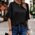 thumbnail image 2 of Pompotops Blouse d'Été Décontractée pour Femme à Manches Trois-Quarts, Col Rond, Hauts Unis, T-Shirt en Solde, 2 of 7