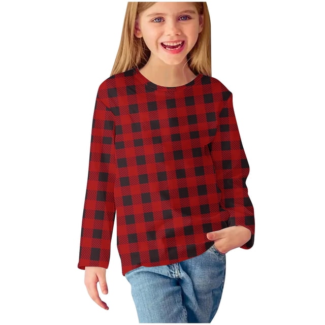 HAiming Hauts à Carreaux pour Filles Enfants Décontractés Mignons Col Rond Manches Longues Tuniques Hauts 2025 Automne Hiver Chandail Blouse Vêtements