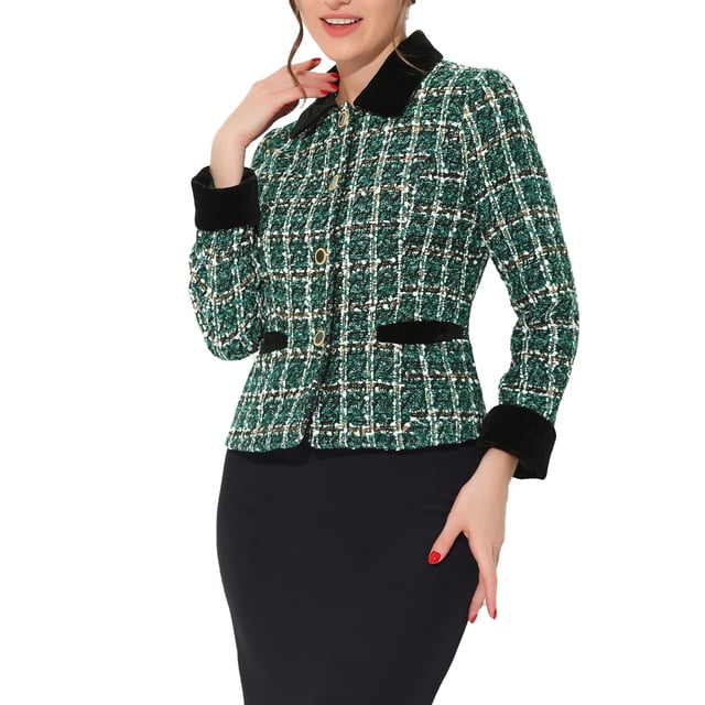 INSPIRE CHIC Blazer en Tweed à Carreaux Élégant en Velours à Col pour Femme G Vert
