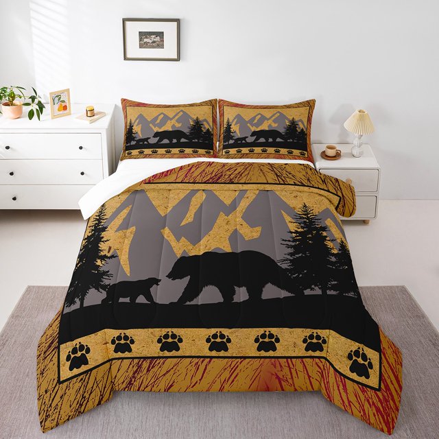 YST Ensemble de Douillette Rustique Ours Format Simple pour Garçons, Ensemble de Literie Faune de Chasse Courtepointe d'Animaux Style Ferme pour Enfants Ados Adultes Chambre, Ensembles de Literie Douillette Planches de Bois Vintage, Brun