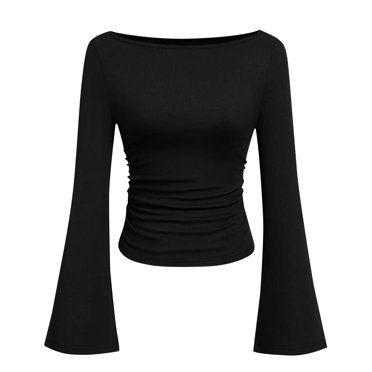 Lenpel Crop Tops for Women Fashion Bell Long Sleeve Boat Neck Ruched Ribbed Slim T Shirts Soft Casual Tee Blouses(Black,Medium)