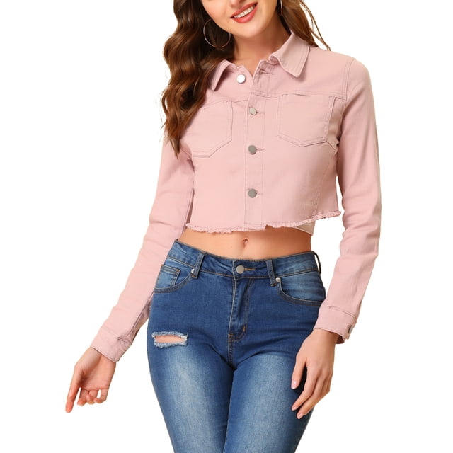 INSPIRE CHIC Veste en Jean pour Femme, Effilochée, Boutonnée, Lavée, Courte, m Rose