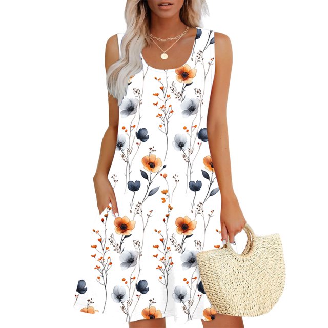 Staron Robes d'Été pour Femmes en Liquidation à Moins de 10 $ Sans Manches Amples Ligne a avec Poches Robe Décontractée Vacances Plage Fluide Cache-Maillot Col Rond Robe d'Été L. la Robe Présente une base Blanche avec un Imprimé floral en orange et Bleu, une Encolure Ronde, et un design Sans Manches. Elle a une Coupe Ample Ligne a avec Poches, la Rendant Adaptée aux Sorties Estivales Décontractées, aux Vacances à la Plage Ou comme Cache-Maillot. le Modèle Accessoires avec un Sac en Paille Tressée, Ajoutant à l'Esthétique Estivale.