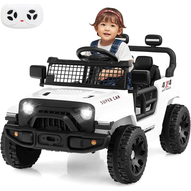 OLAKIDS 12V Ride On Truck, Battery Powered Electric Vehicle for Kids with Remote Control, Foldable Reflective Mirror, Spring Suspension, Music, LED Lights, Ride on Toy for 3+ Boys Girls