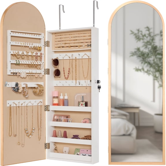 Best Choice Products Door/Wall Mounted Arch Mirror Jewelry Armoire, w/ Metal Frame, Lockable Door - Gold