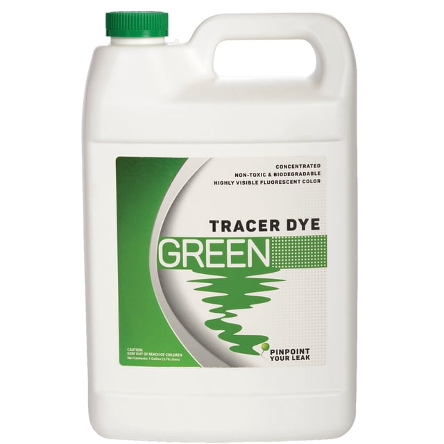 Teinture de Traçage Verte - Teinture Fluorescente Concentrée Très Visible pour la Détection des Fuites dans un Contenant de 1 Gallon. la Pichet en Plastique Blanche Présente une Étiquette Verte avec un Texte Audacieux Mettant en Valeur Son Utilisation pour le Traçage de l'Eau et la Détection des Fuites. Convient à l'Analyse des Systèmes Septiques, à la Cartographie des Débits, aux Études de pollution et au Traçage de la Plomberie. Non Toxique, Biodégradable et Traite jusqu'à 12 000 gallons d'Eau. Fabriqué aux É.-U.