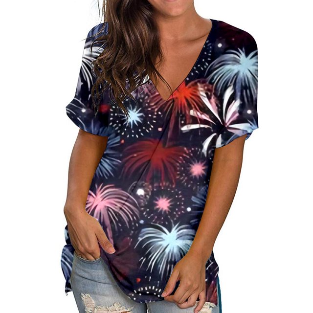 Débardeurs d'Été Grande Taille pour Femmes Col Ras du Cou T-Shirts Imprimés Manches Courtes T-Shirt Blouse Hauts Amples T-Shirt Col en V Femmes en Liquidation