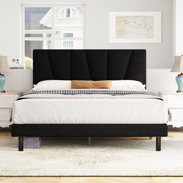 Queen Bed Frame, Queen Size Platform Bed With Fabric Upholstered Headboard, Black