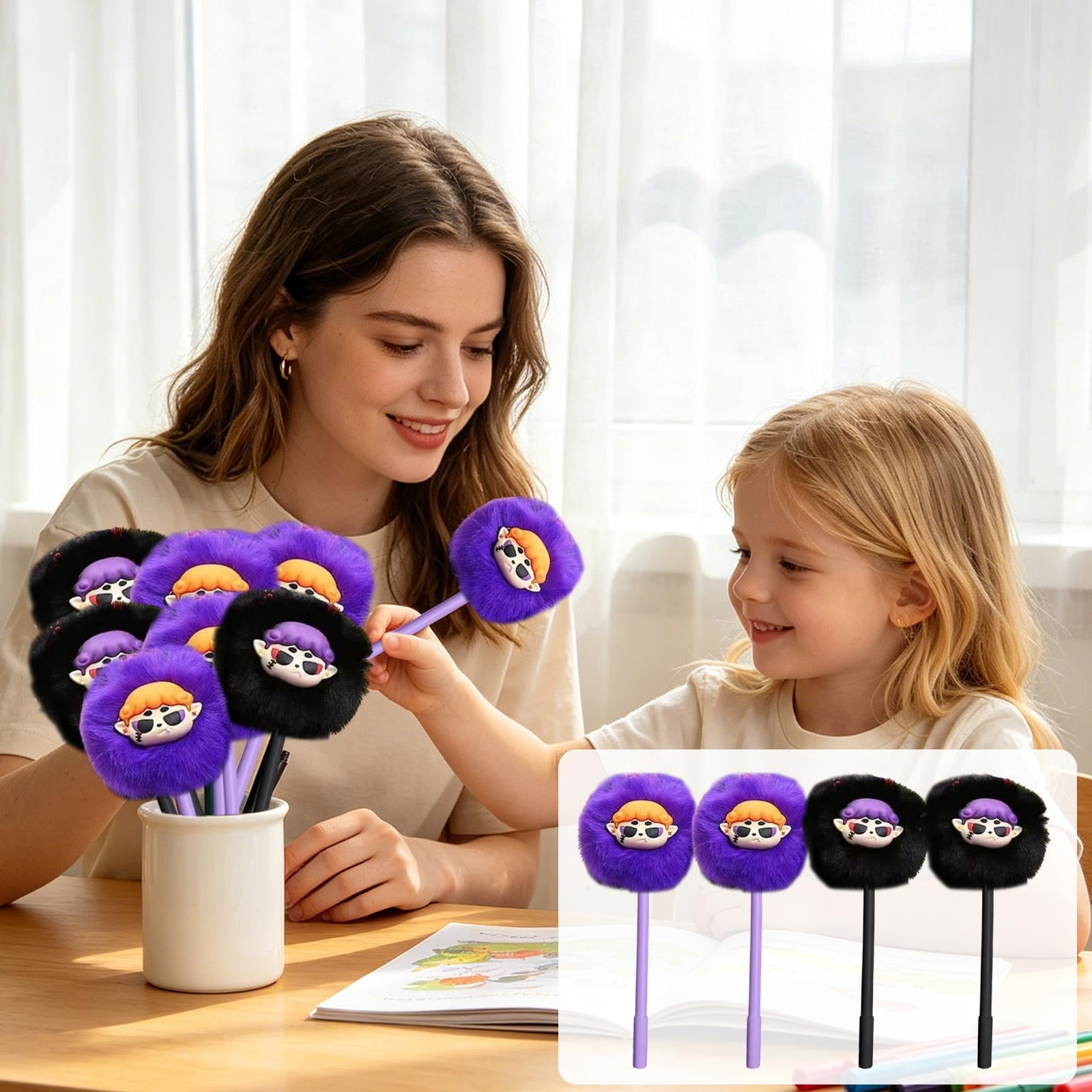 Vacemry SchoolStarting Season Gel Pens, 0.5mm Black Ink Teen Writing Pens Cute Plush Ball Cartoon Pens, Office Classroom Home Stationery Supplies Decor