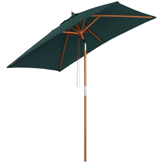 Outsunny 6.6x5ft Fir Wooden Patio Umbrella with Tilt Mechanism Bamboo Ribs. This rectangular green patio umbrella features a fir wood pole and bamboo ribs supporting a UV and water-resistant 180g/m2 polyester canopy. It includes a tilt mechanism for adjustable shading and a pull rope with a double pulley for easy opening and closing. Suitable for outdoor spaces like patios, gardens, and backyards. Umbrella stand not included.