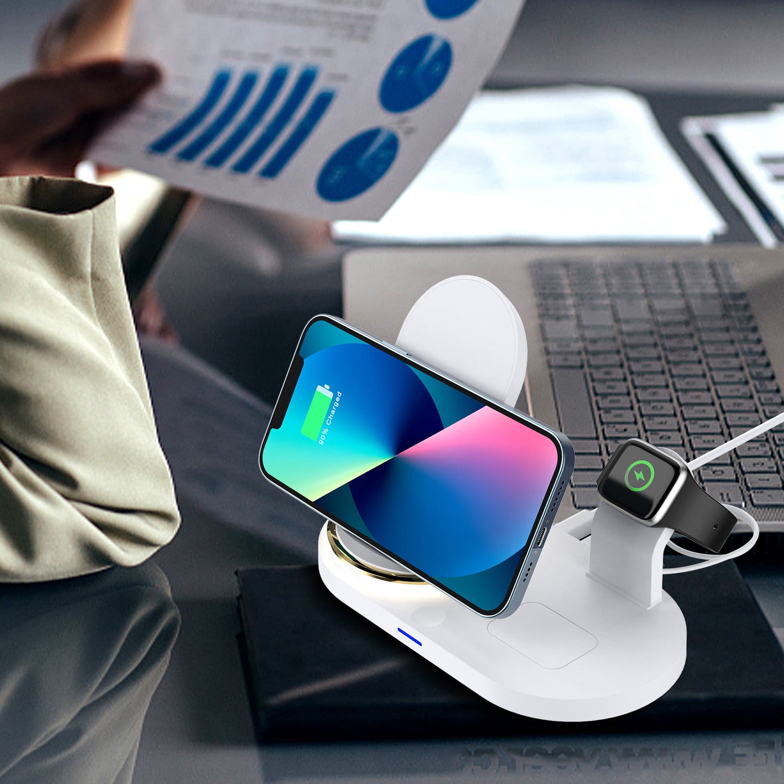 Birdeem Wireless Phone Charger, Magnetic Phone Charger, Multifunctional 4-In-1 Wireless Charger Foldable Wireless Charging for Ios Mobile Phone Watch Headset 15W Wireless Fast Charging with Led