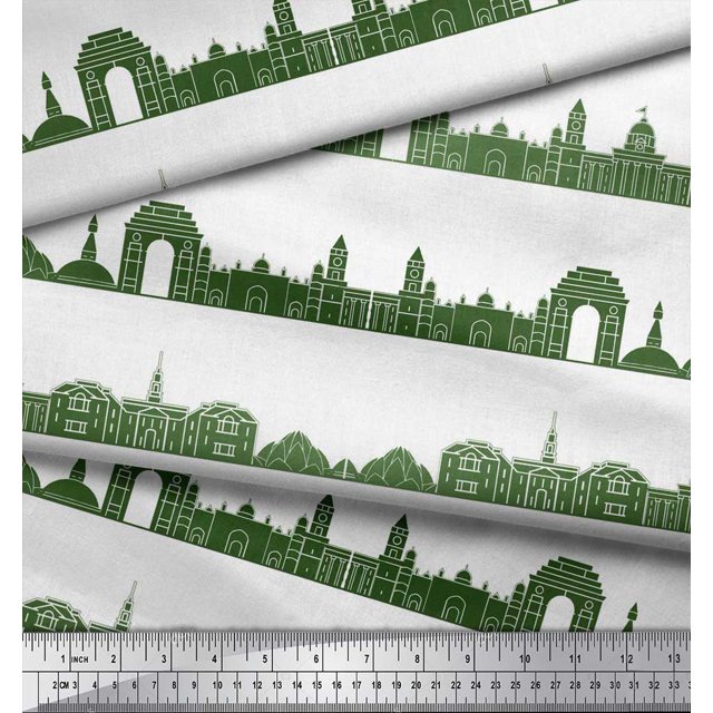 Soimoi Green Moss Georgette Fabric Indian Monuments Architectural Print Sewing Fabric Yard 42 Inch Wide