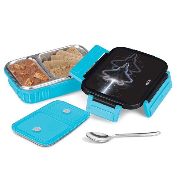 Meal Safe 2 Inner Stainless Steel Tiffin Box For School With Steam Release Plug - Blue, 465ml | PU Insulated Lunch Box With Snap Lock Lid For Kids Boys, Girls - Leak Proof, Food Grade