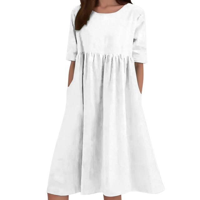 HXWCHs Robe Nuisette pour Femme en Mélange de Lin, Robe Décontractée à Manches Courtes avec Poches Latérales, Blanc TTTTG