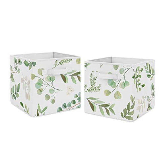 sweet jojo designs floral leaf Pliable en Tissu cube de Rangement Bacs Boîtes Organisateur Jouets Enfants Bébé Enfants - Ensemble de 2 - Vert et Blanc boho Aquarelle Botanique Boisé Jardin tropical