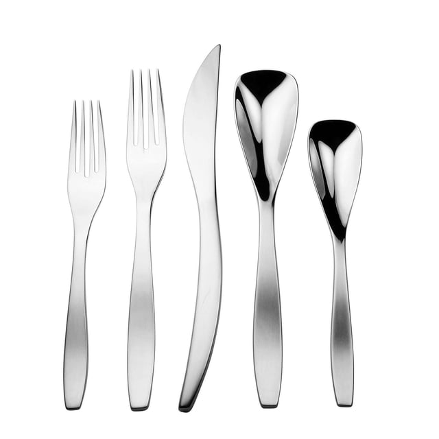 Stylex Luna Flatware Set with 4 dinner knives featuring slightly lifted necks, 4 dinner forks, 4 salad forks, 4 soup spoons with European-style bowls, and 4 teaspoons, made of polished 18/10 stainless steel, dishwasher safe, designed for a comfortable hand fit in a modern dining cutlery set.