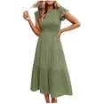 thumbnail image 1 of Tumotour Robes d'Été pour Femmes, Ligne A, Col Rond, Couleur Unie, Robe Décontractée à Volants, Longueur Thé, Manches Courtes, Robe Midi Évasée Fluide, Robes Bohèmes pour Sorties, Plage, Rendez-Vous, Vacances, 1 of 7