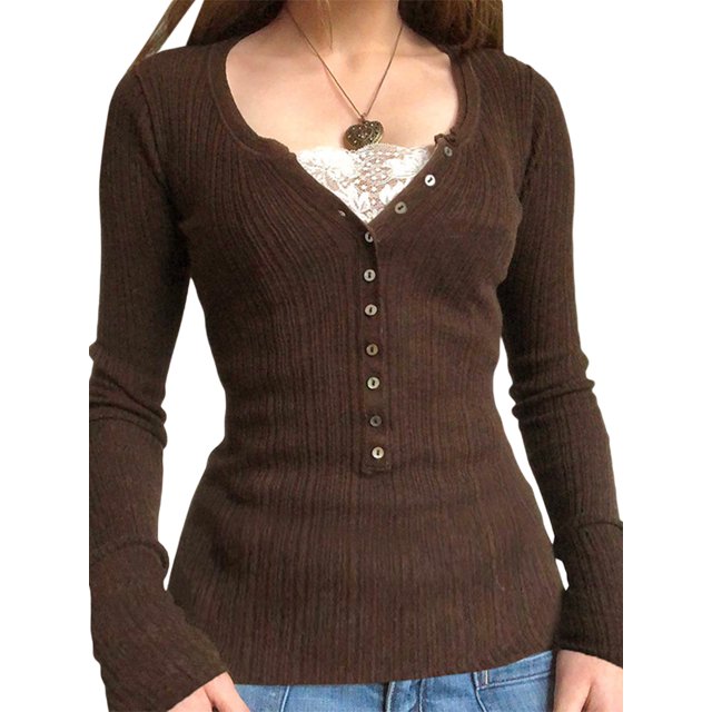 Gupgi T-Shirts Patchwork à Manches Longues avec Bouton-Poussoir Slim Femmes