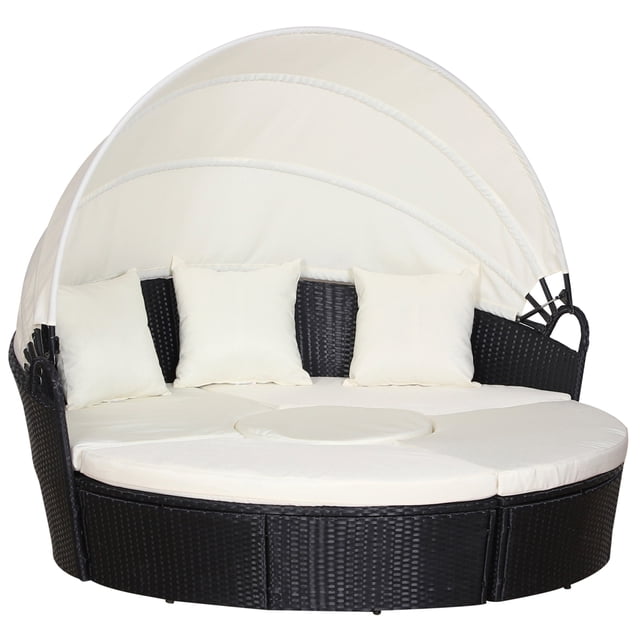 Outsunny Chaise Longue de Patio avec Canapé-Lit Rond Rembourré en Blanc, avec Auvent Rétractable pour l'Ombre, Cadre en Rotin Noir et Coussins Blanc Crème. la Conception Modulaire Permet l'Utilisation comme Lit de Jour Ou Siège Séparé. Comprend des Coussins Épais Rembourrés avec Housses Lavables et Pieds Antidérapants Ajustables pour la Stabilité sur les surfaces Irrégulières. Idéal pour la Détente en Plein Air sur les patios Ou les Cours Arrière.