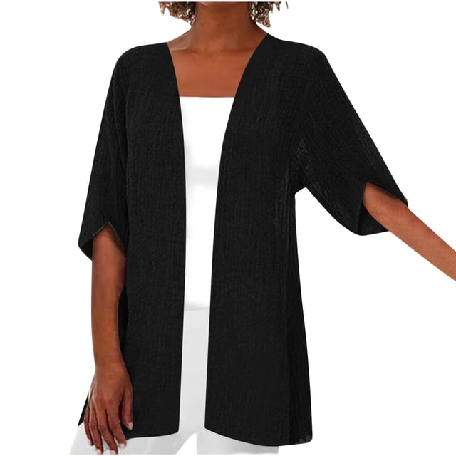 Cameland Cardigan Kimono Décontracté Ample en Coton et Lin pour Femmes à Manches 3/4 Grande Taille