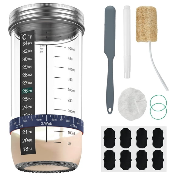 YOPTOP 9Pcs Sourdough Starter Jar Kit with Scale Thermometer Sourdough Fermentation Jar Scraper Sewn Cloth Cover & Metal Lid Sourdough Starter Kit