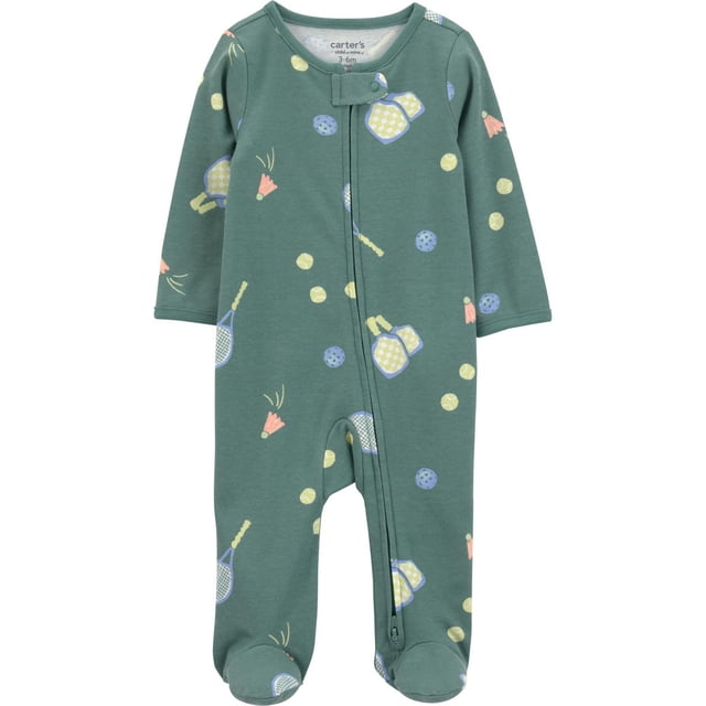 Carter's Child of Mine IB SNP Sports Bébé Dormir et Jouer 1 Pce en Vert Atténué 100 % Coton avec Imprimé Sportif Intégral de Raquettes de tennis, Balles et Volants, avec une Fermeture Éclair Bidirectionnelle et des Pieds pour des Changements de Couche Faciles et le Confort.