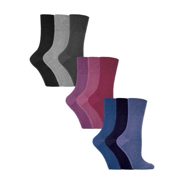 Gentle Grip - 9 Pairs Ladies Cotton Soft Top Patterned Non Elastic Crew Socks