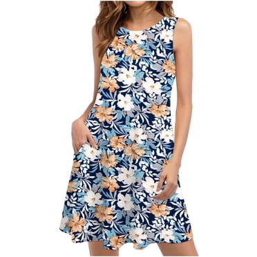 CEHVOM Robes d'Été pour Femmes Plage Floral T-Shirt Robe Soleil Décontractée Poches Boho Robe Débardeur