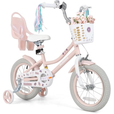 OLAKIDS 14 Inch Toddlers Bike with Training Wheels Doll Seat Basket Adjustable Seat and Handlebar, Handbrake and Coaster Brake, Children's Bicycle for Girls