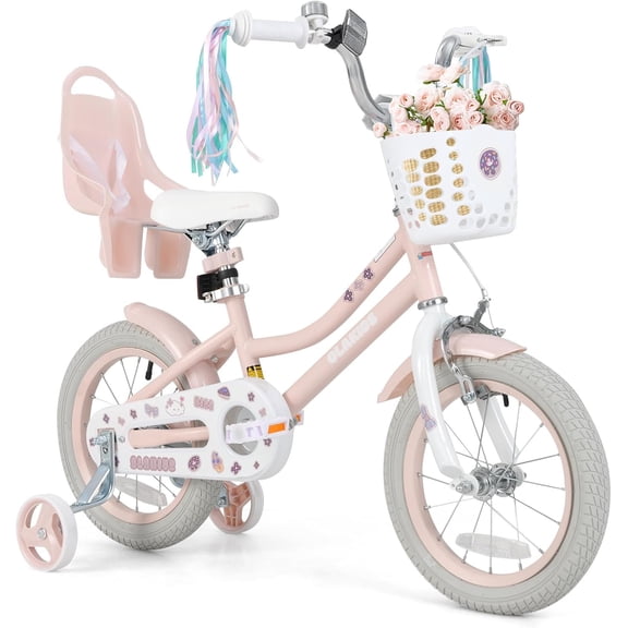 OLAKIDS Vélo pour Tout-Petits de 14 Pouces avec Roues Stabilisatrices, Siège pour Poupée, Panier, Selle et Guidon Ajustables, Frein à Main et Frein à Rétropédalage, Bicyclette pour Filles