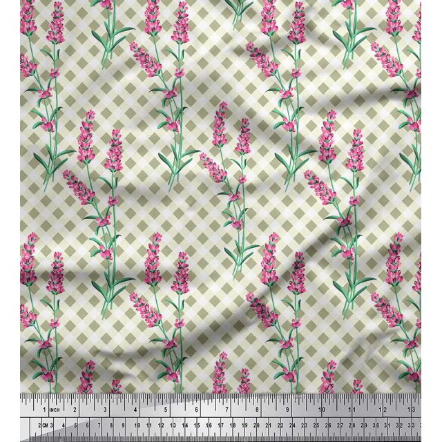 Soimoi Green Rayon Fabric Check,Leaves & Pink Floral Decor Fabric Printed BTY 42 Inch Wide