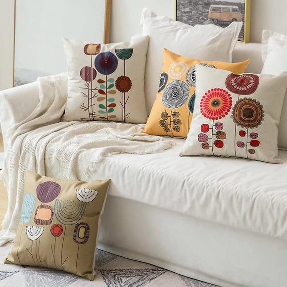 4 Pcs Arbre Fleurs Lin Coussin Housses Carré Décoratif, 45x45cm