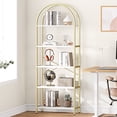 thumbnail image 2 of Arched Bookshelf 5-Tier – Tall Metal Frame Bookcase with Wood Shelves, Open Display Storage Rack for Bedroom, Living Room, Home Office – White/Gold or Black Options, 2 of 8